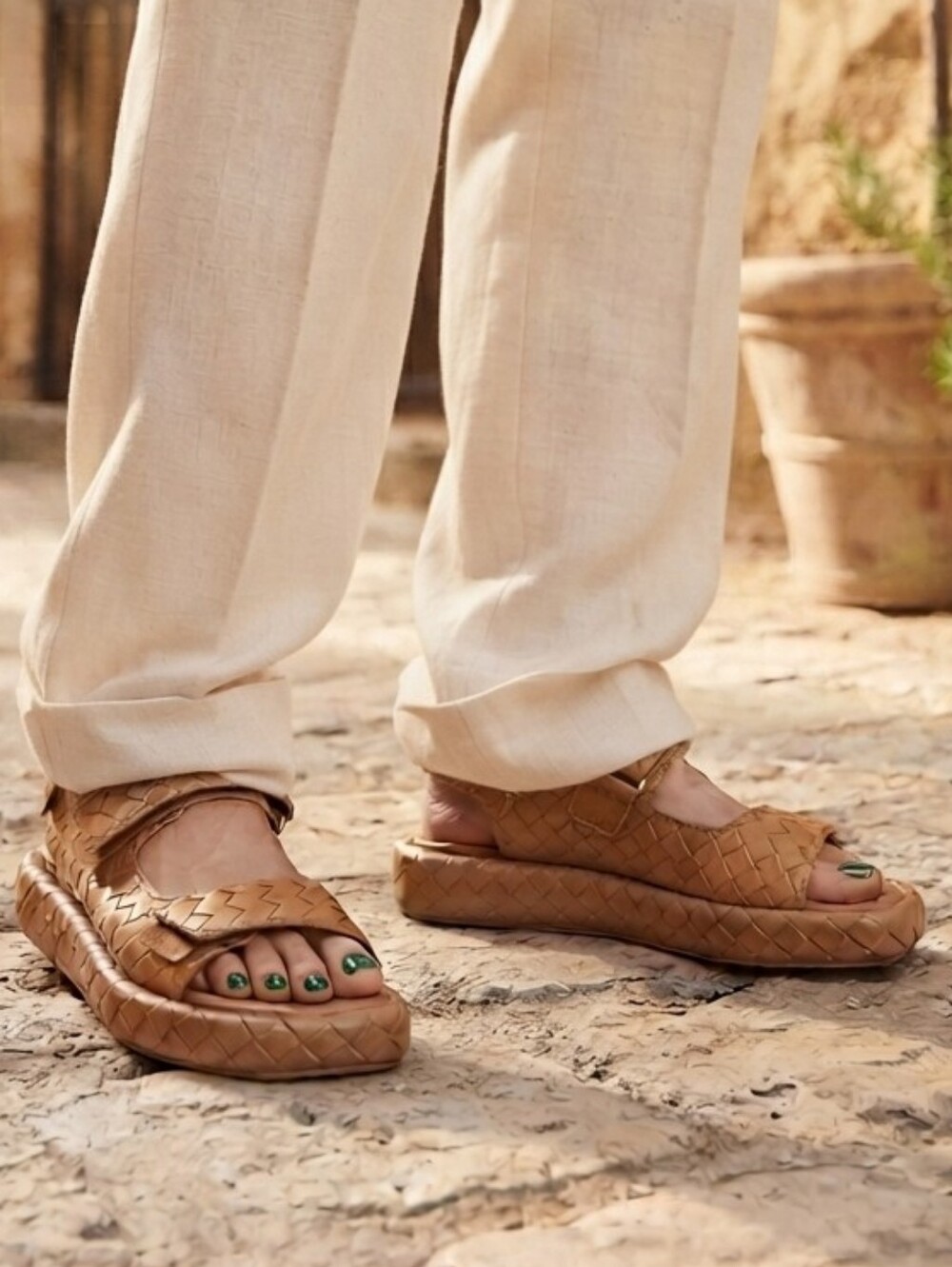 Womens Tan Woven Strap Sandals